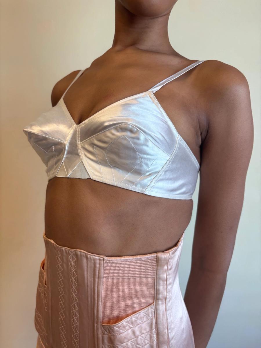 White Satin French Bullet Bra with Embroidered Front product image
