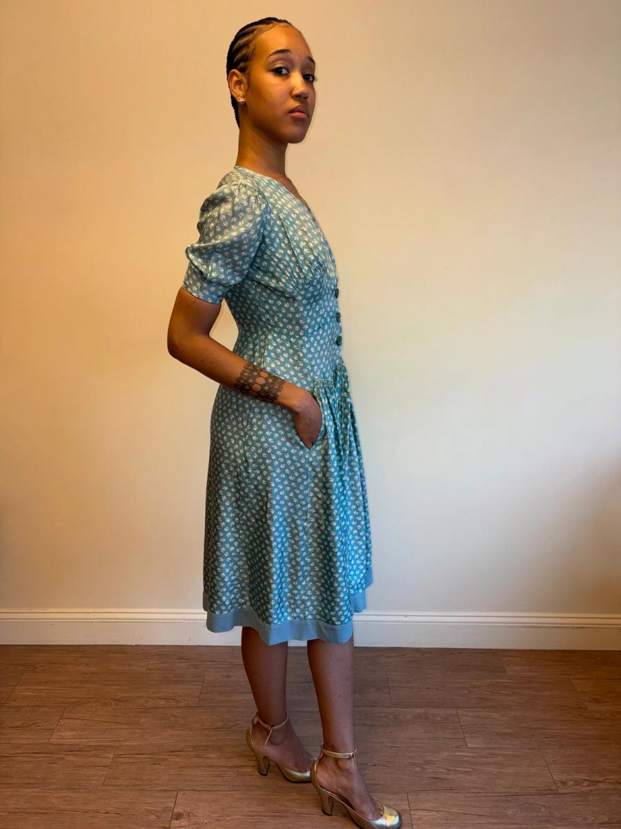 1940s Turquoise Floral Cold Rayon Dress product image