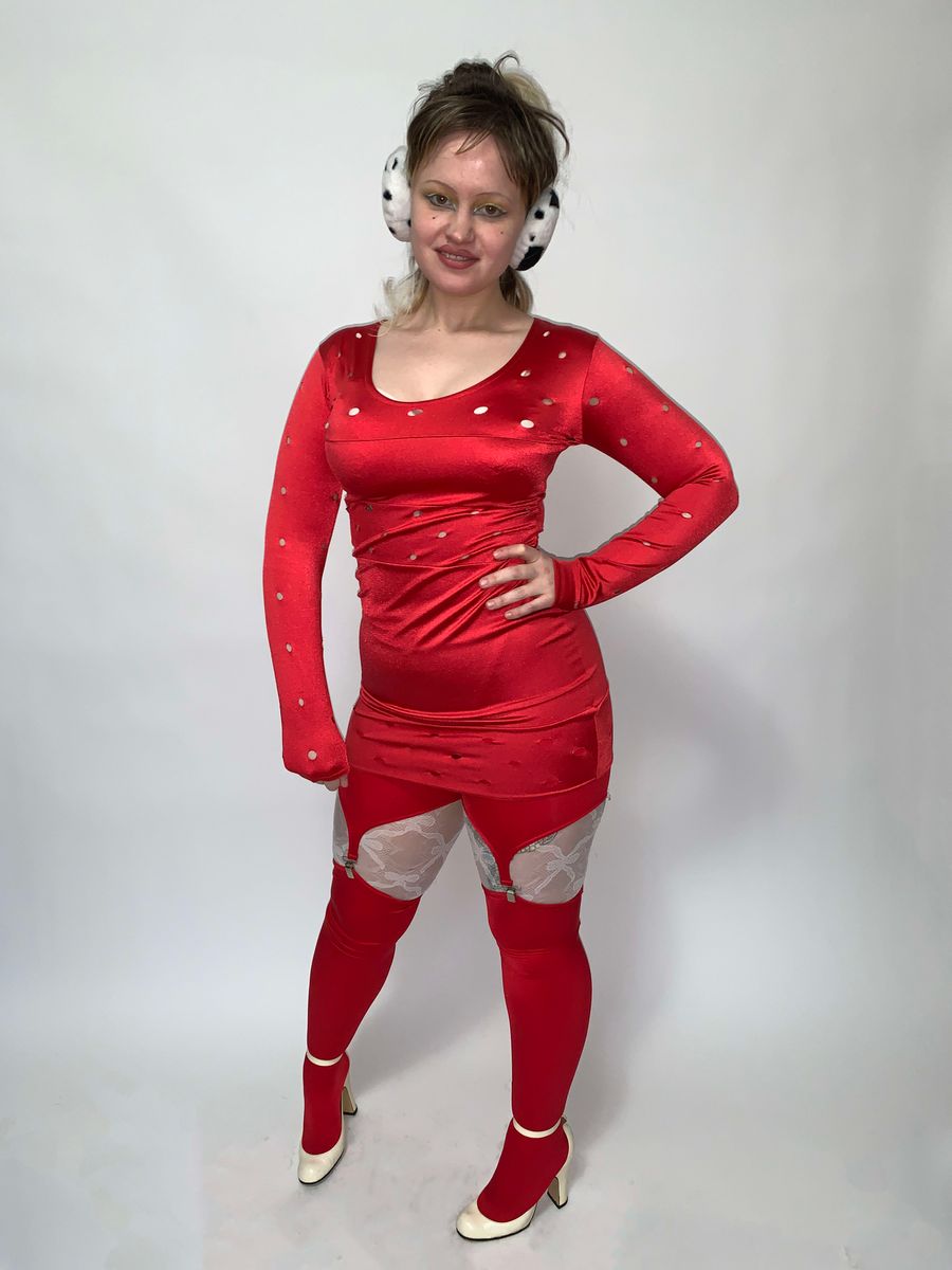 80s Deadstock Stretch Satin Hole-punch Dress product image