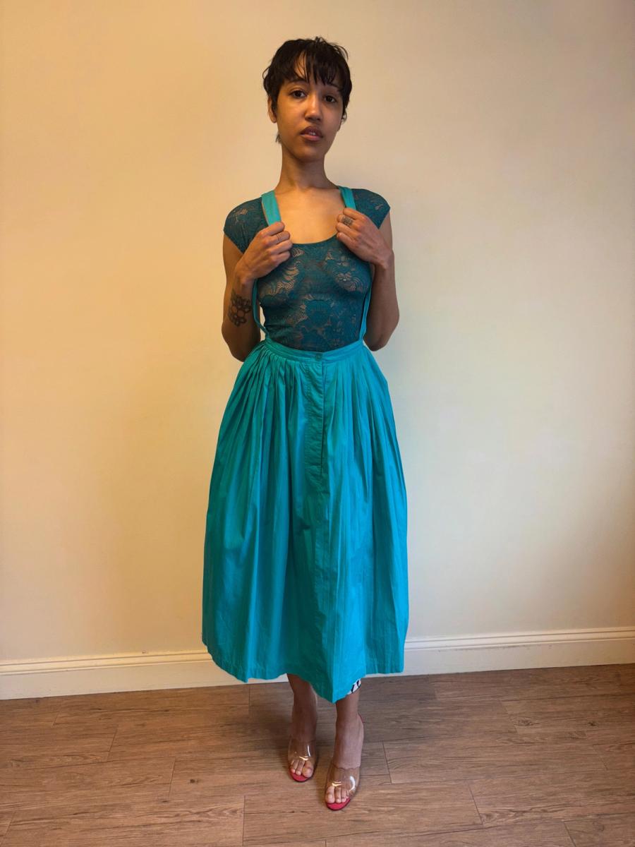 80s Norma Kamali Teal Suspender Skirt product image