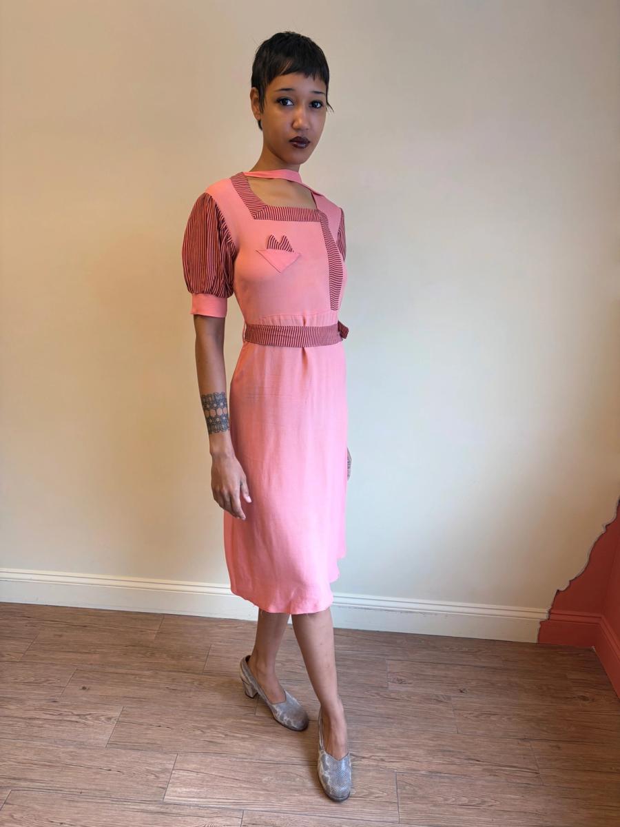 1930s Salmon Pink Day Dress with Scarf Neckline  product image