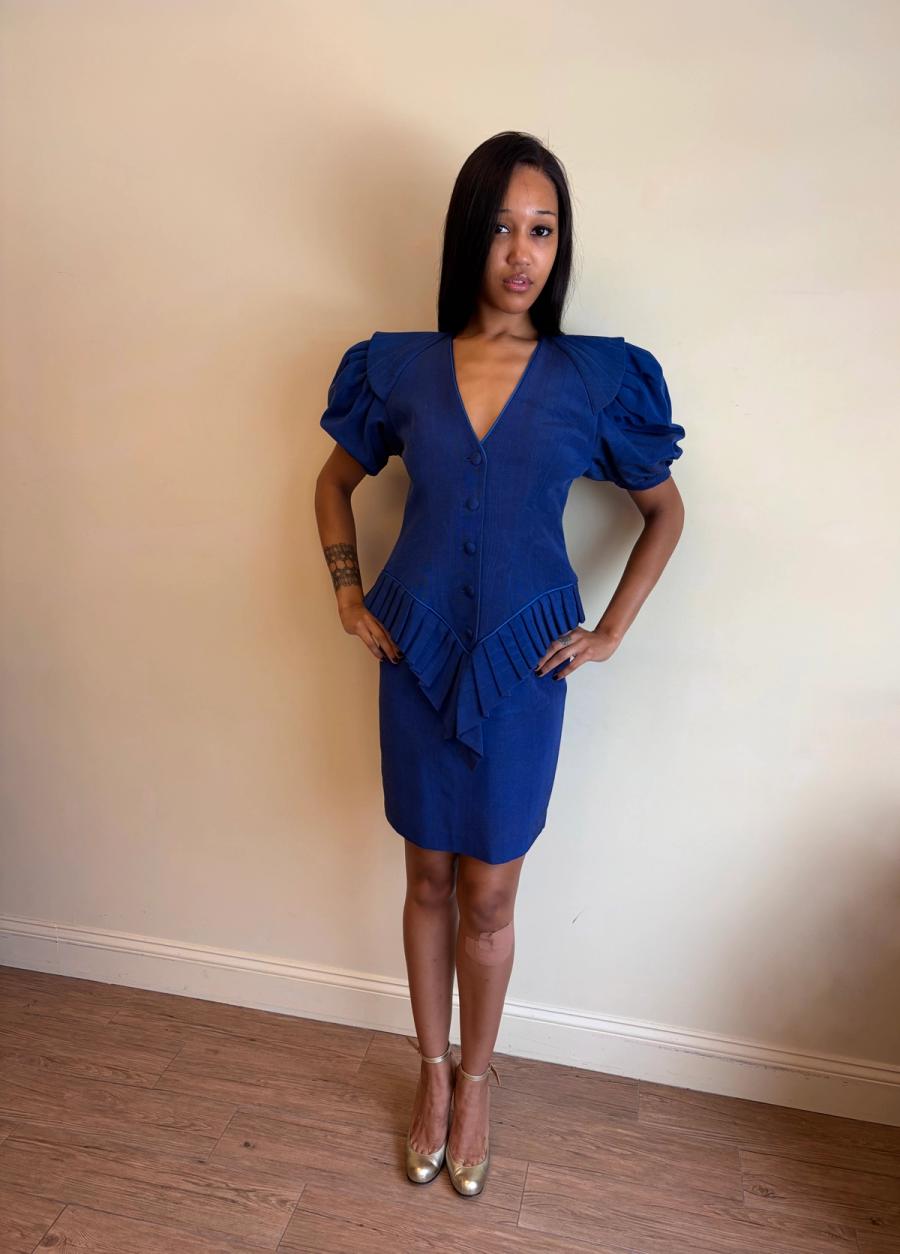 1980s Claude Petin Blue Moiré Dress  product image