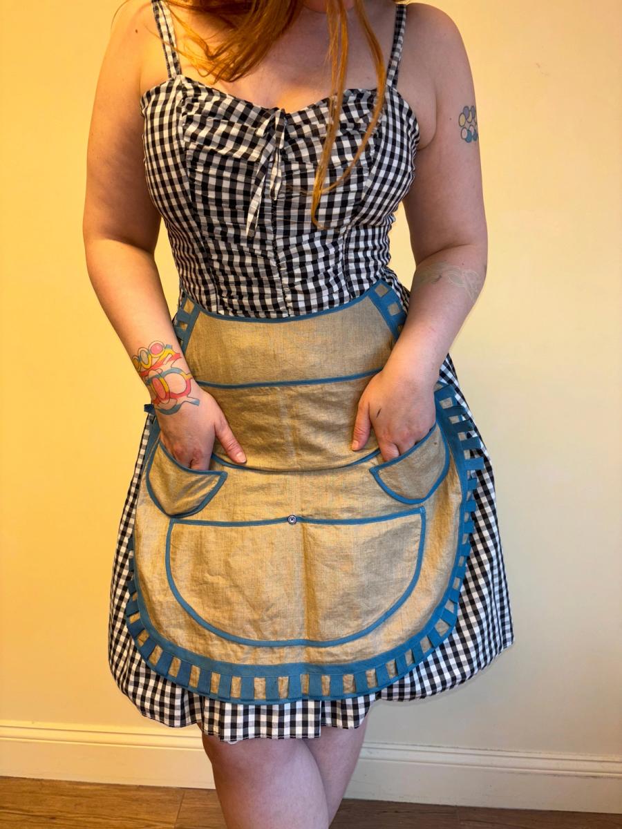 Victorian Natural Linen Apron with Blue Tape Detailing product image