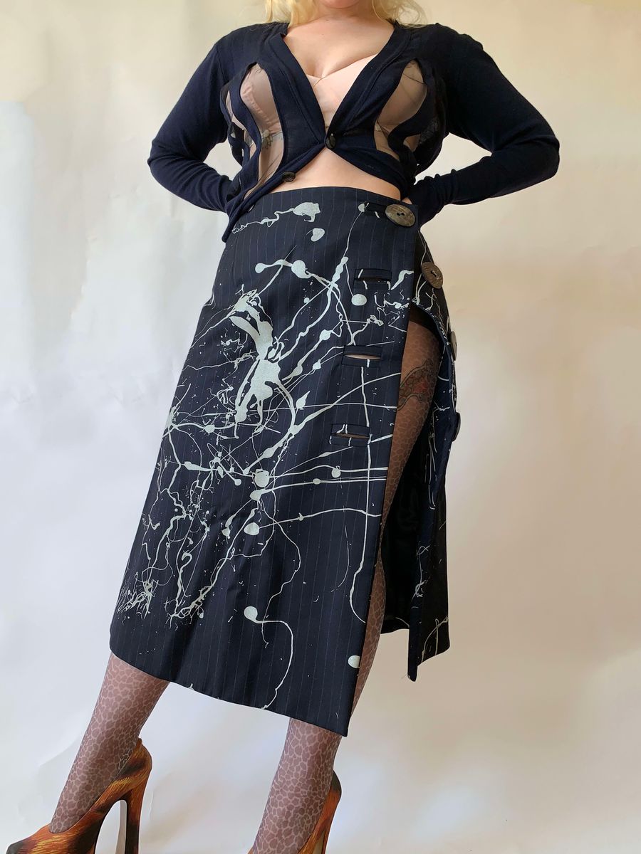 Vintage John Galliano Splatter Pinstripe Skirt w Giant Buttons product image