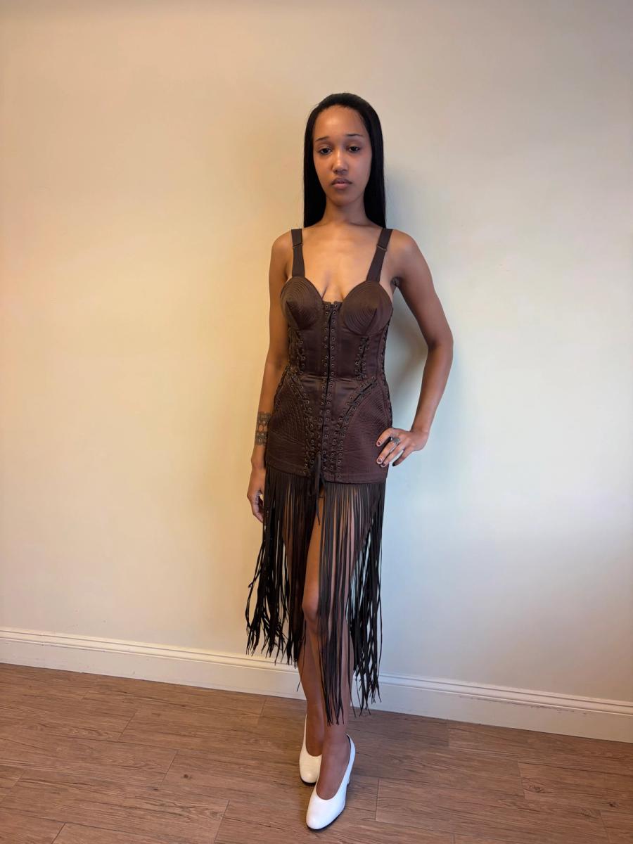 1990 Gaultier Satin Cone Bra Girdle Dres with Lacing Fringe Hem product image
