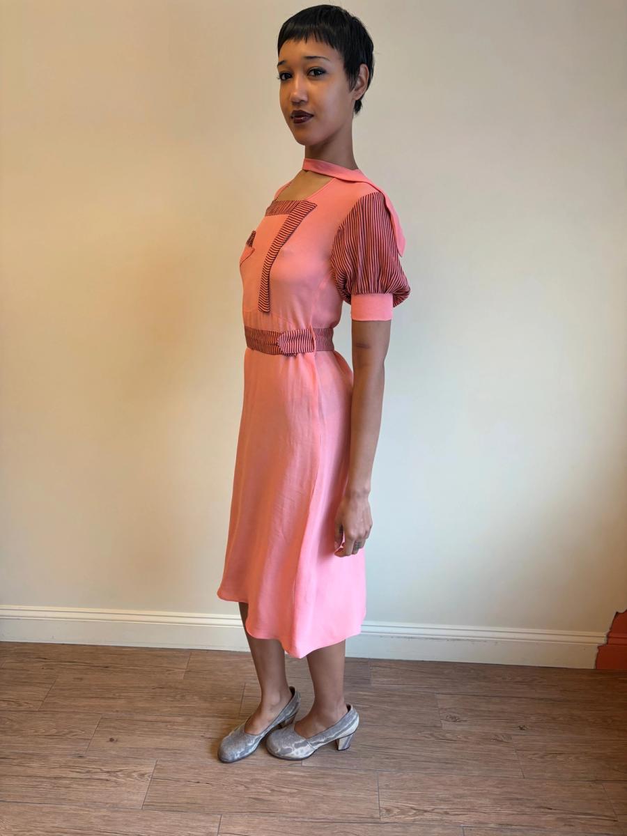 1930s Salmon Pink Day Dress with Scarf Neckline  product image