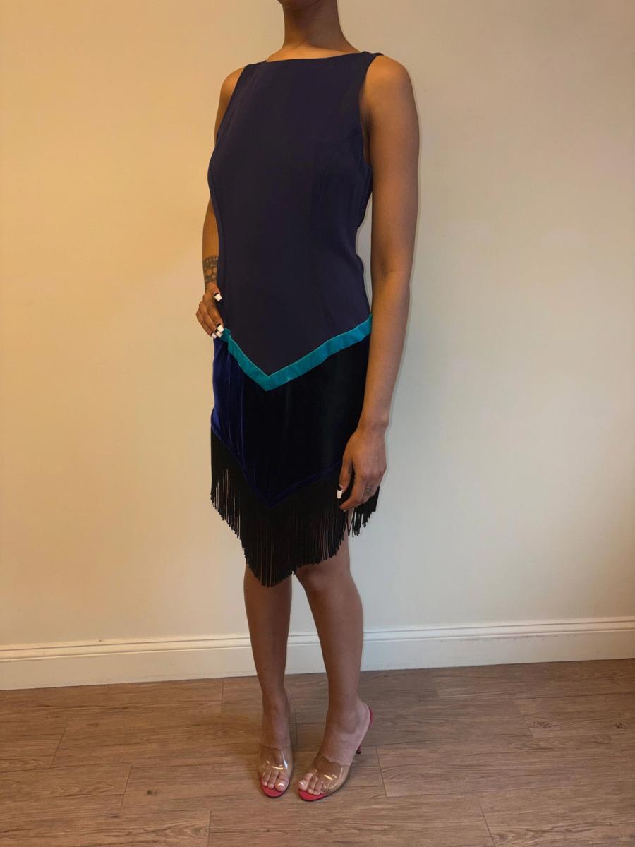 90s Ozbek Velvet and Fringe Dress product image