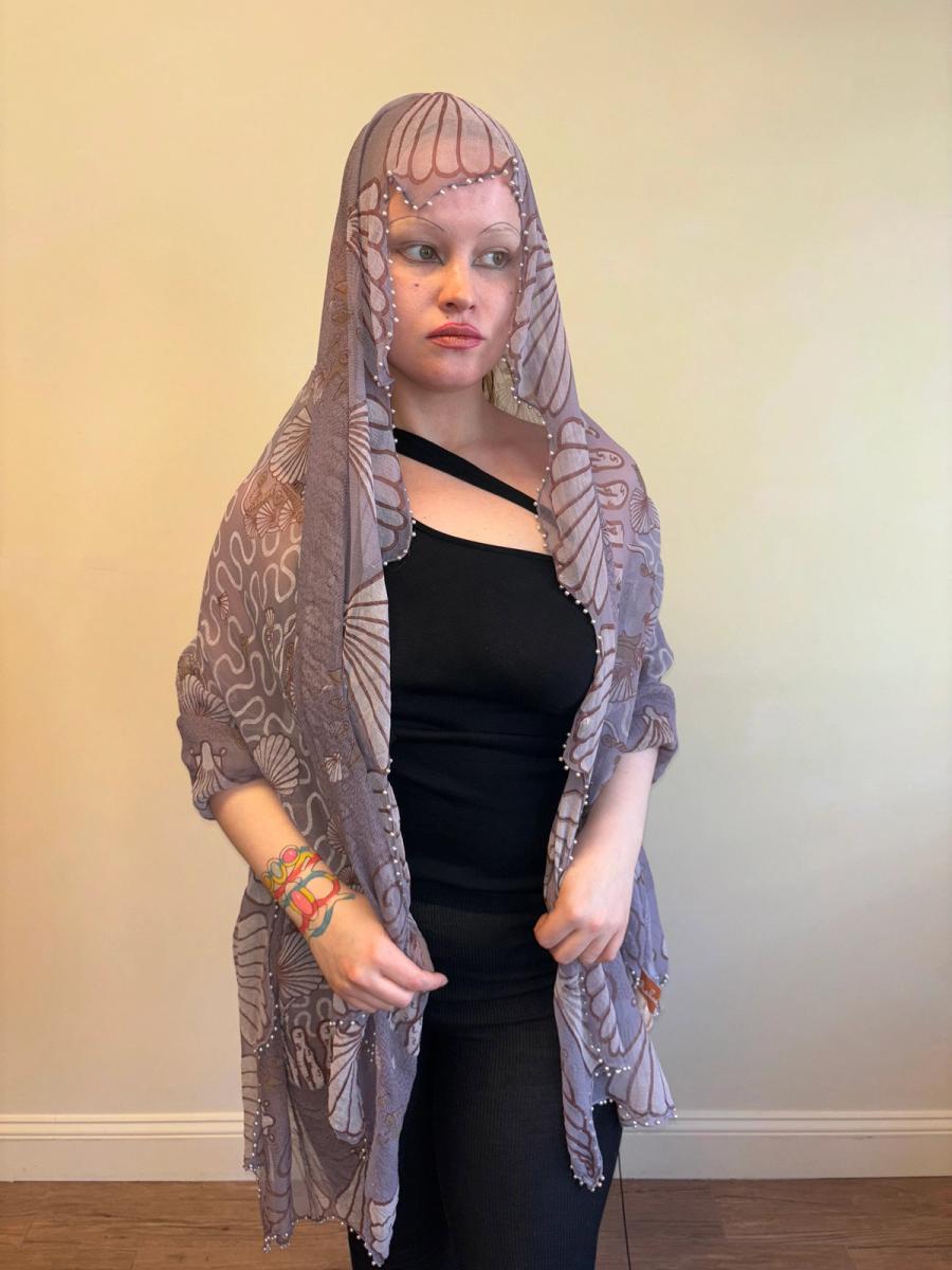 Zandra Rhodes Squiggle & Shell Printed Shawl with Pearl Beaded Edges product image