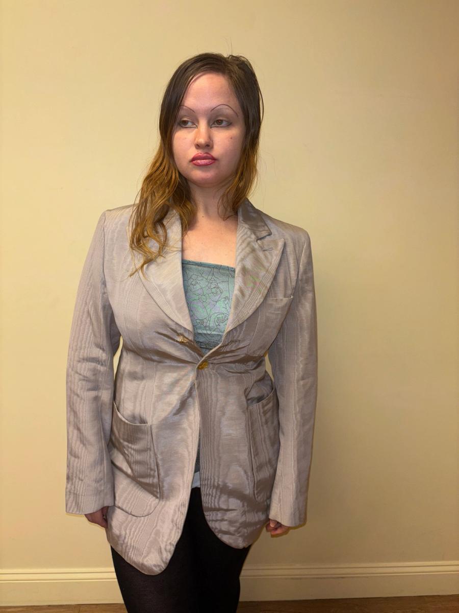 90s Westwood Lavender Moiré Jacket With Engraved Orb Buttons product image