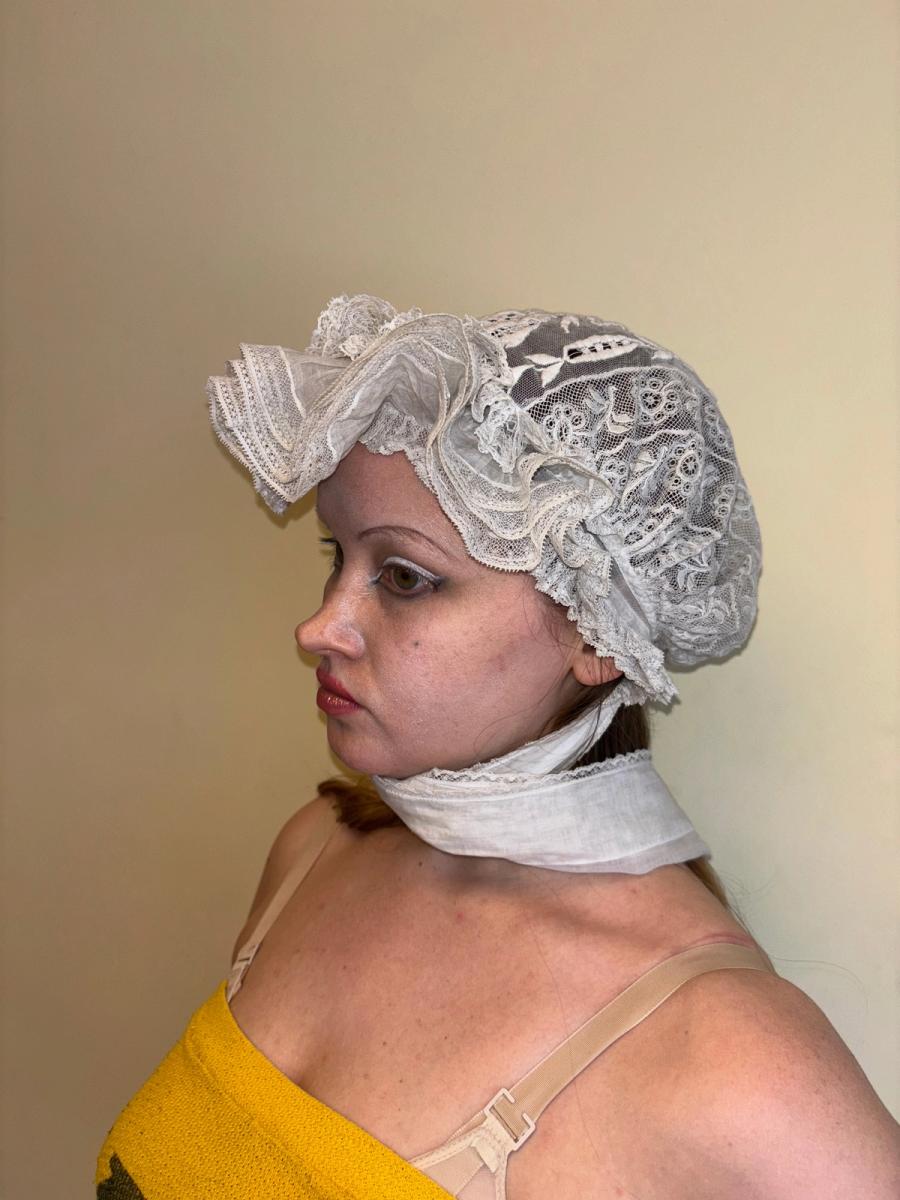 Antique French Embroidered Bonnet with Sashes product image