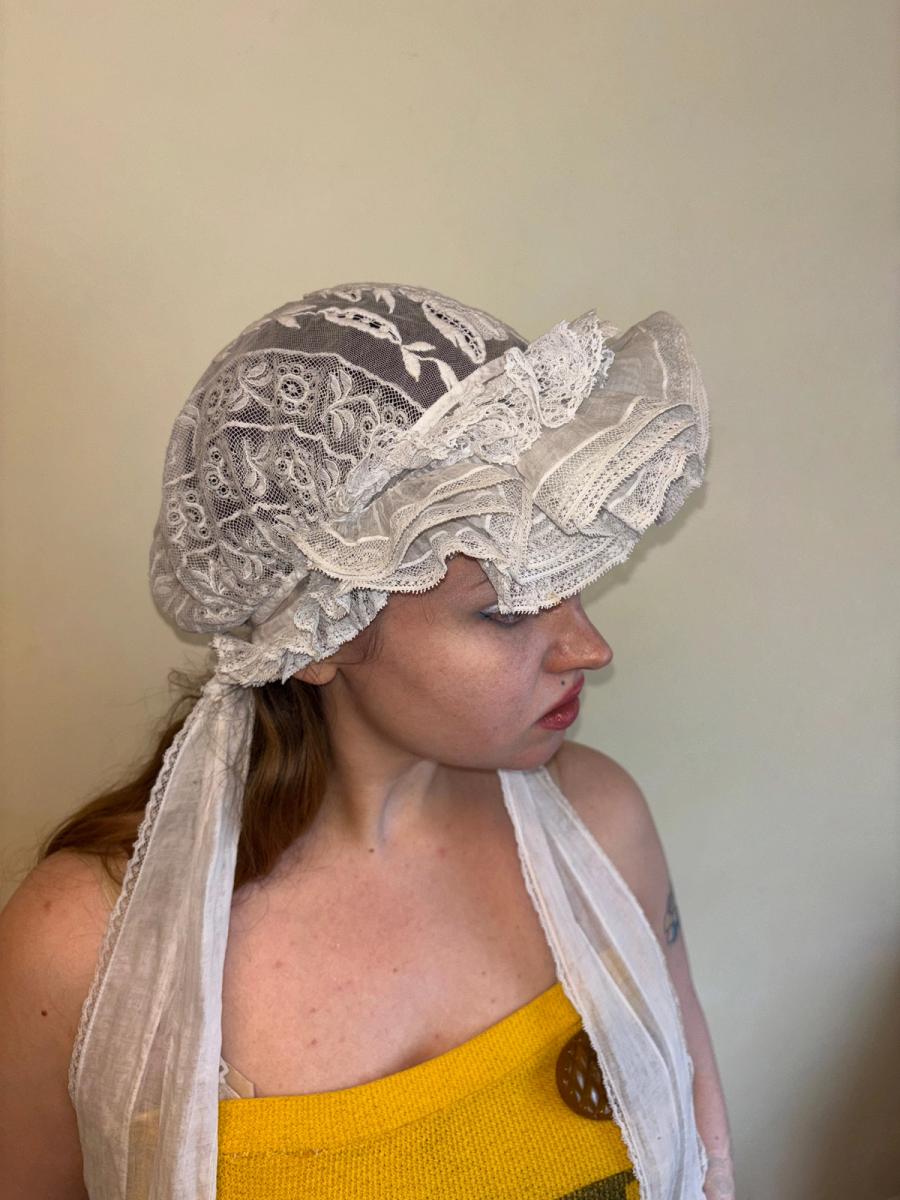 Antique French Embroidered Bonnet with Sashes product image