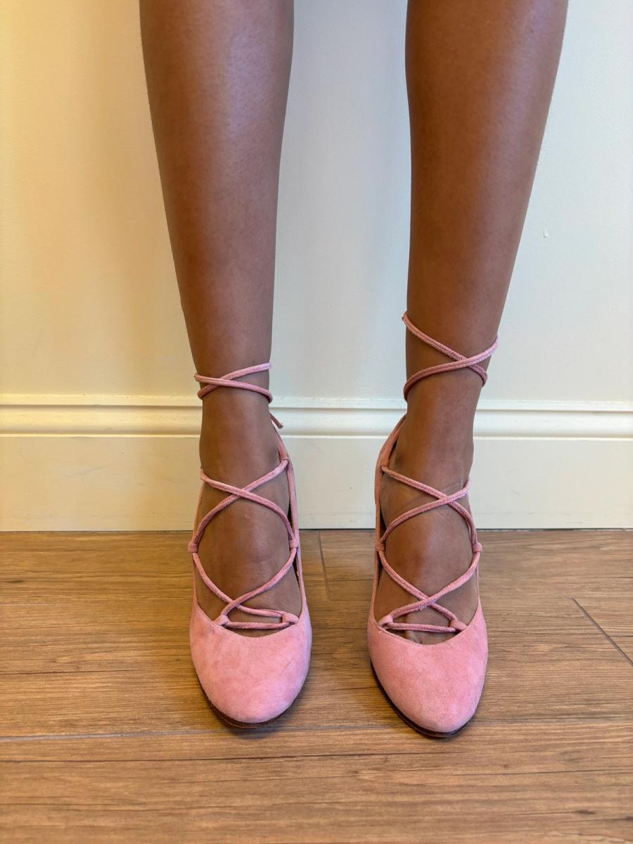 1980s Norma Kamali Ballet Pink Lace-Up Pumps product image
