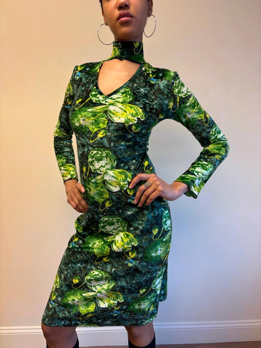 90s Jean Colonna Green Floral Crushed Velvet Dress product image