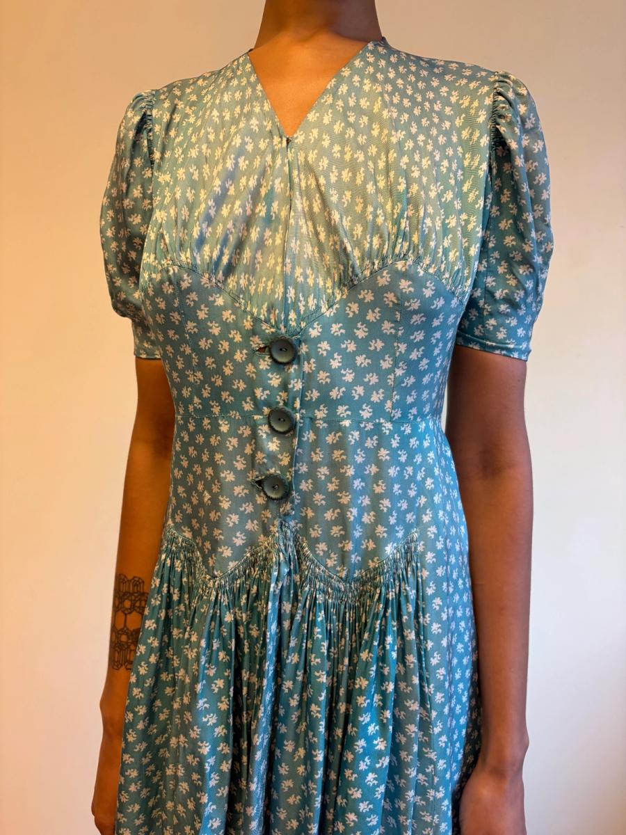 1940s Turquoise Floral Cold Rayon Dress product image
