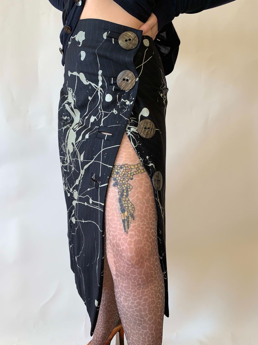 Vintage John Galliano Splatter Pinstripe Skirt w Giant Buttons product image