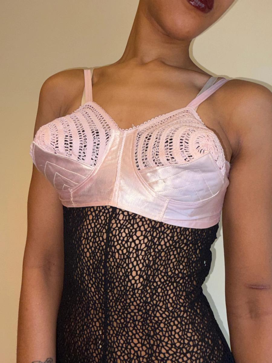 1940s-50s Pink Satin & Crocheted Bullet Bra  product image