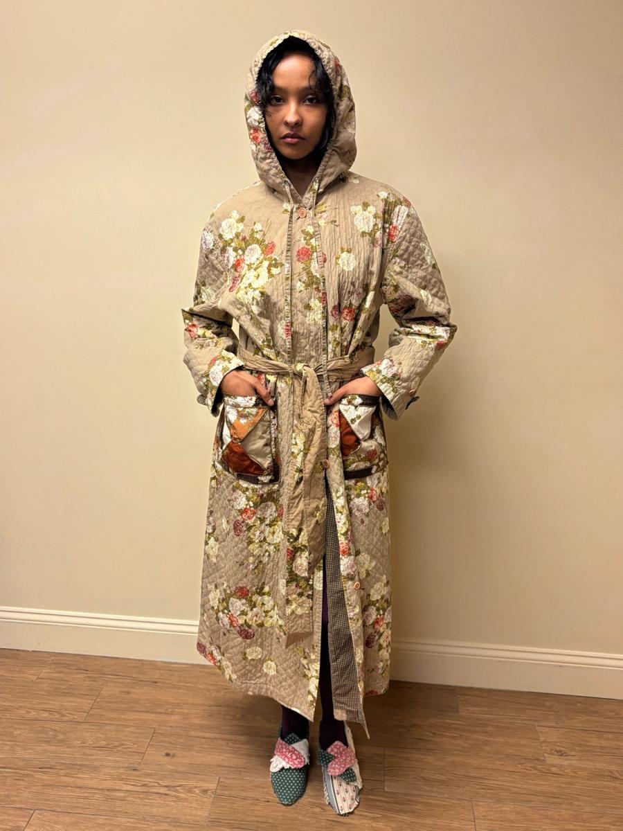 Kaneko Isao Quilted Robe Coat With Patchwork Pockets & Hood product image