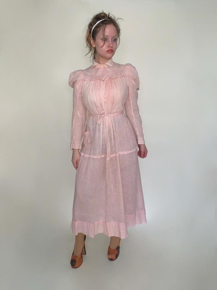 Edwardian Era Pink Calico Wrapper Dress 