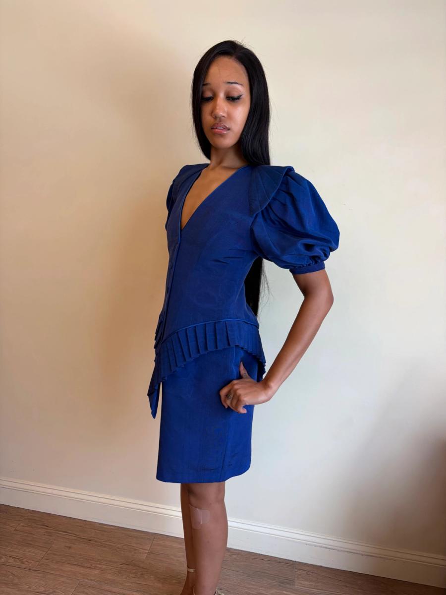 1980s Claude Petin Blue Moiré Dress  product image