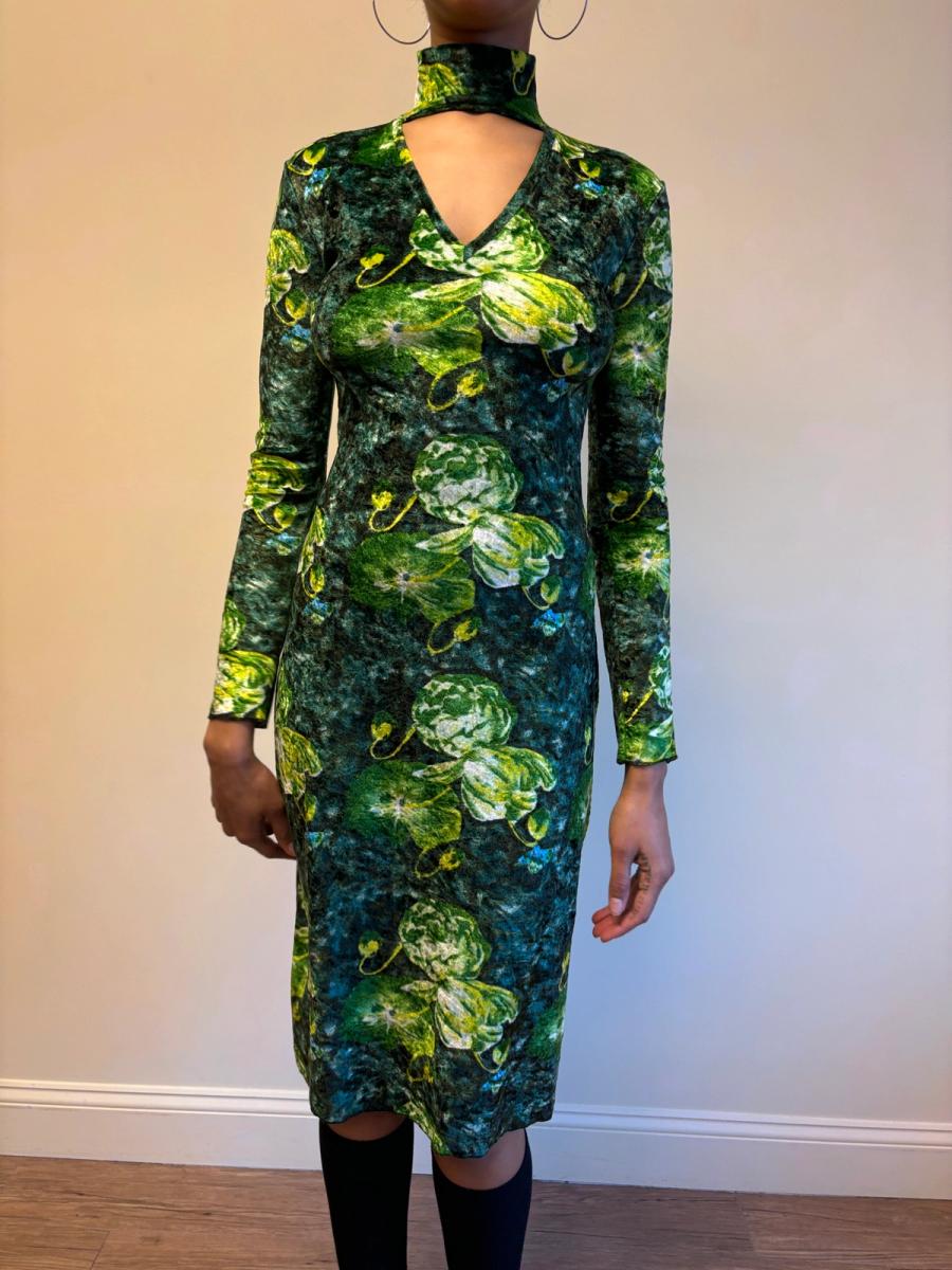 90s Jean Colonna Green Floral Crushed Velvet Dress product image