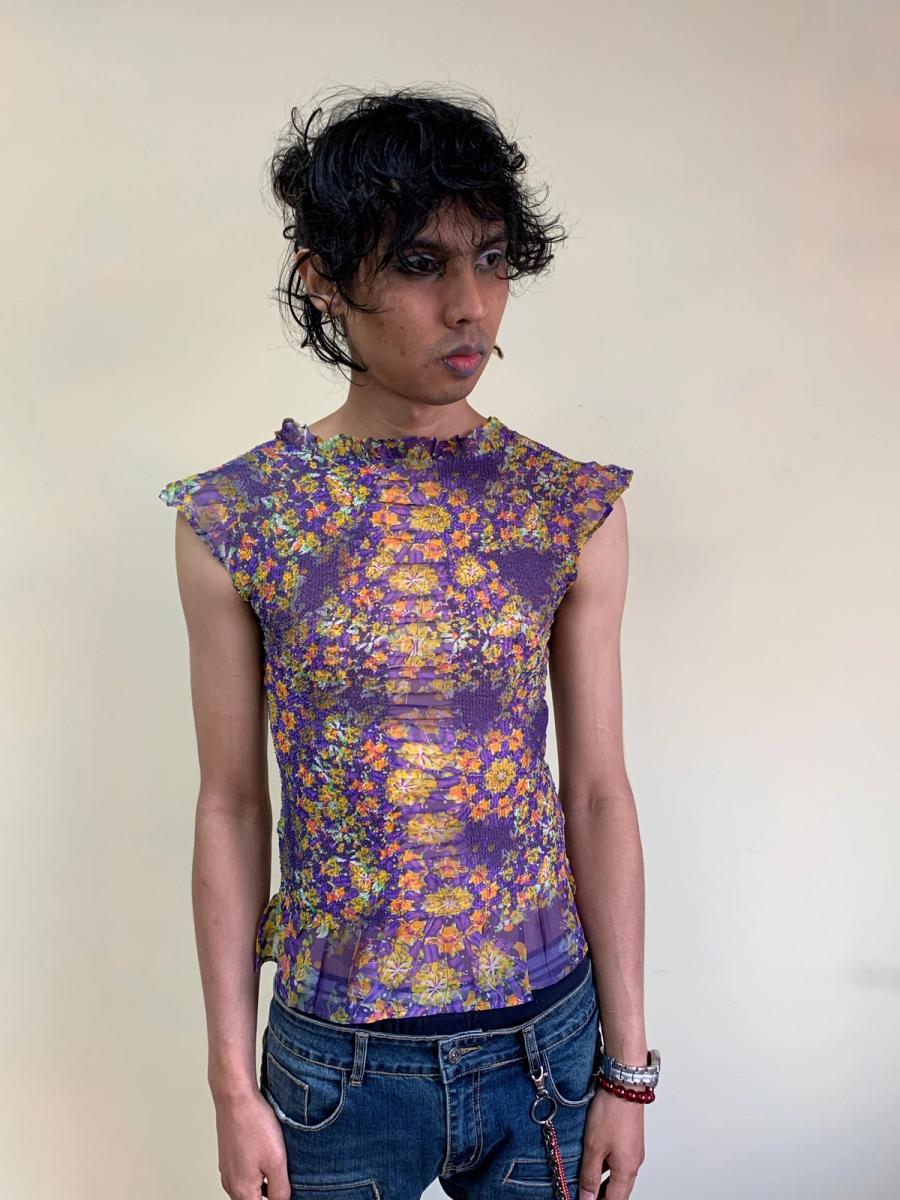 Yoshiki Hishinuma Purple Floral Pleated Top product image