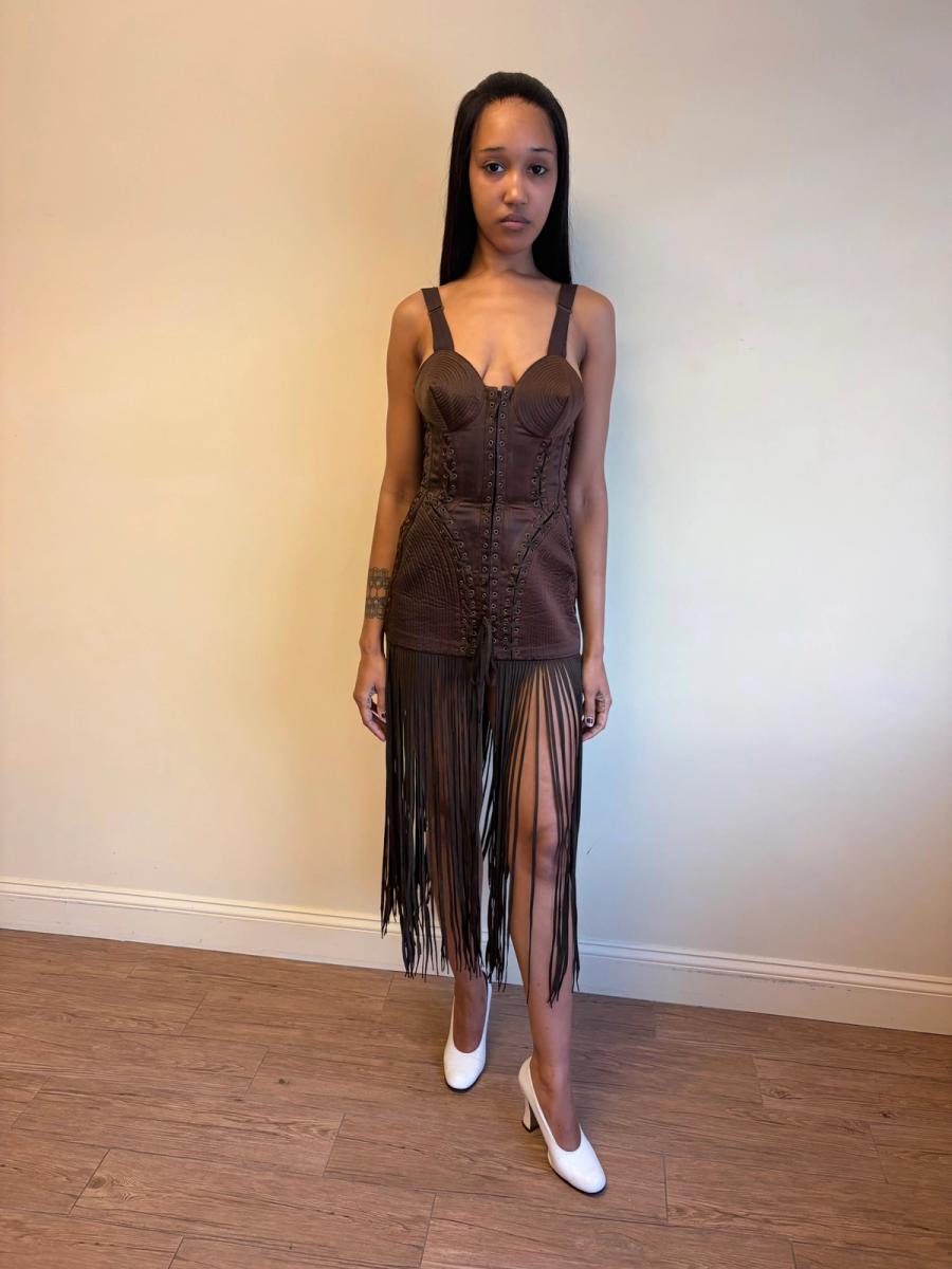 1990 Gaultier Satin Cone Bra Girdle Dres with Lacing Fringe Hem product image