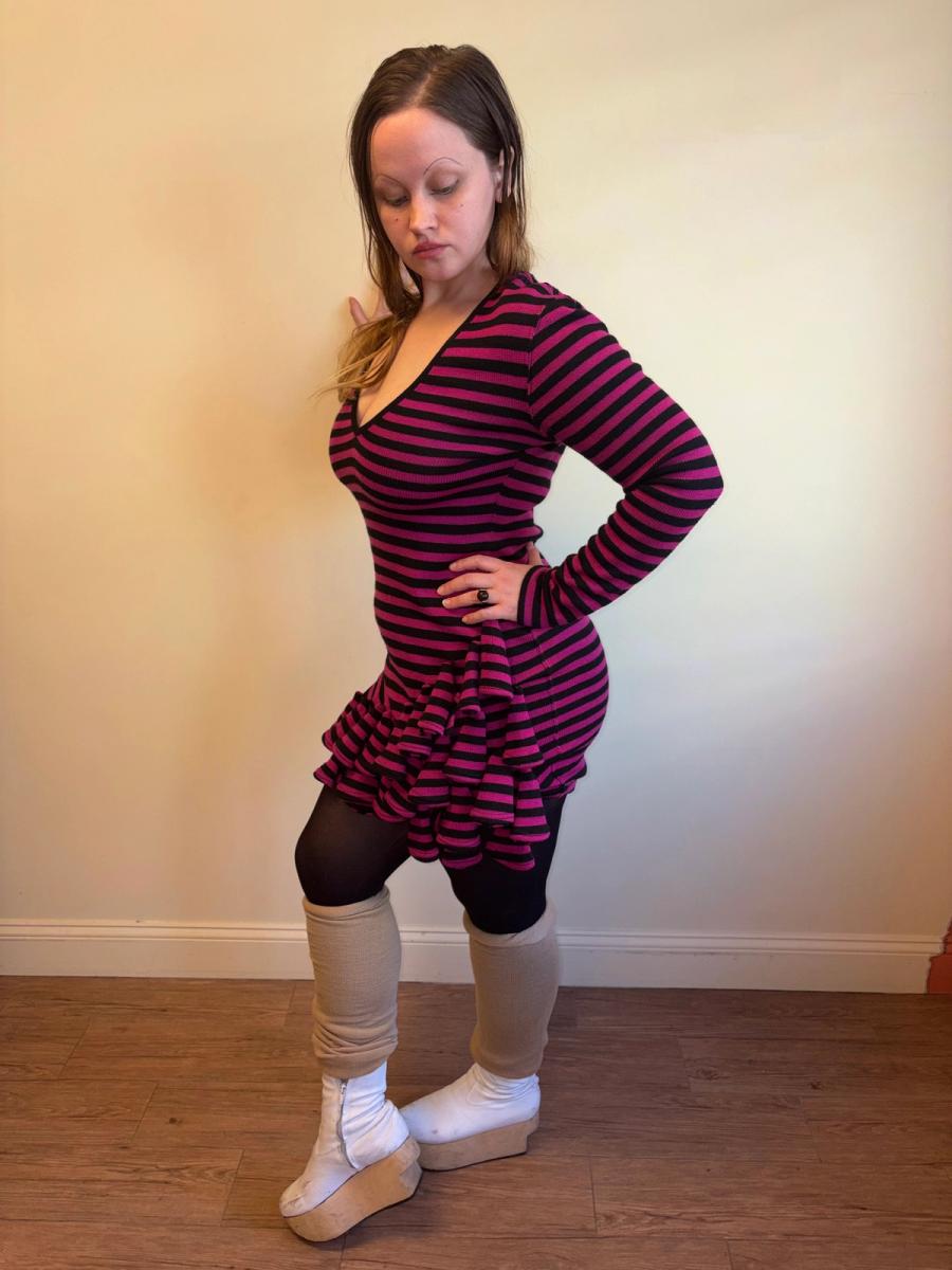 1980s Dorothée Bis Hot Pink Striped Dress With Dimensional Rosettes  product image