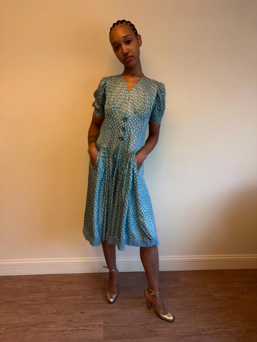 1940s Turquoise Floral Cold Rayon Dress product image