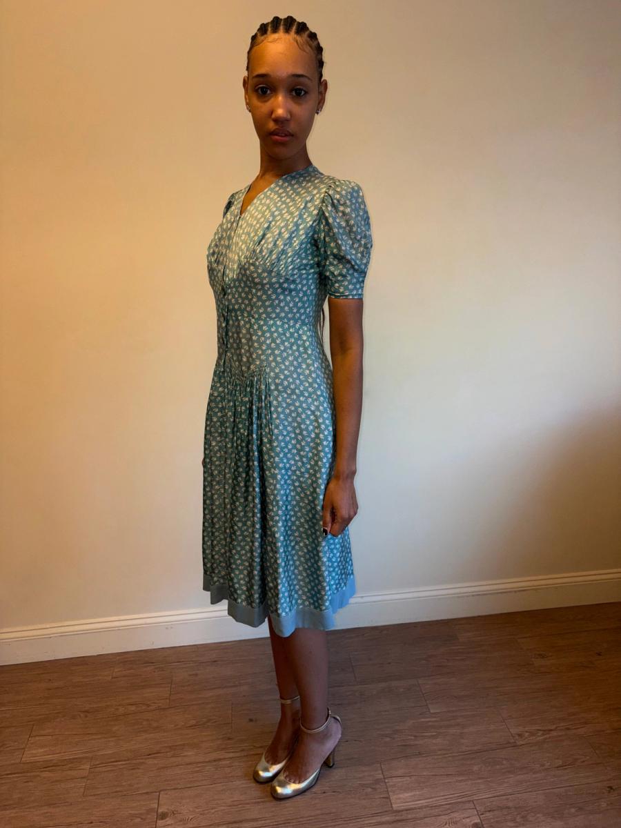 1940s Turquoise Floral Cold Rayon Dress product image