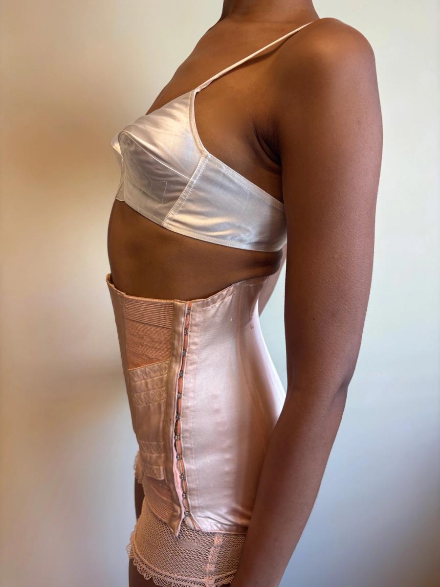 White Satin French Bullet Bra with Embroidered Front product image