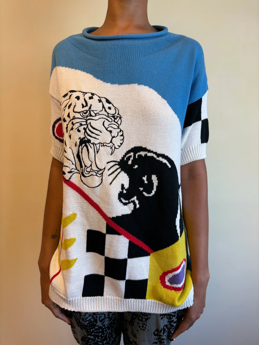 80s Krizia Battling Big Cats Knit Sweater