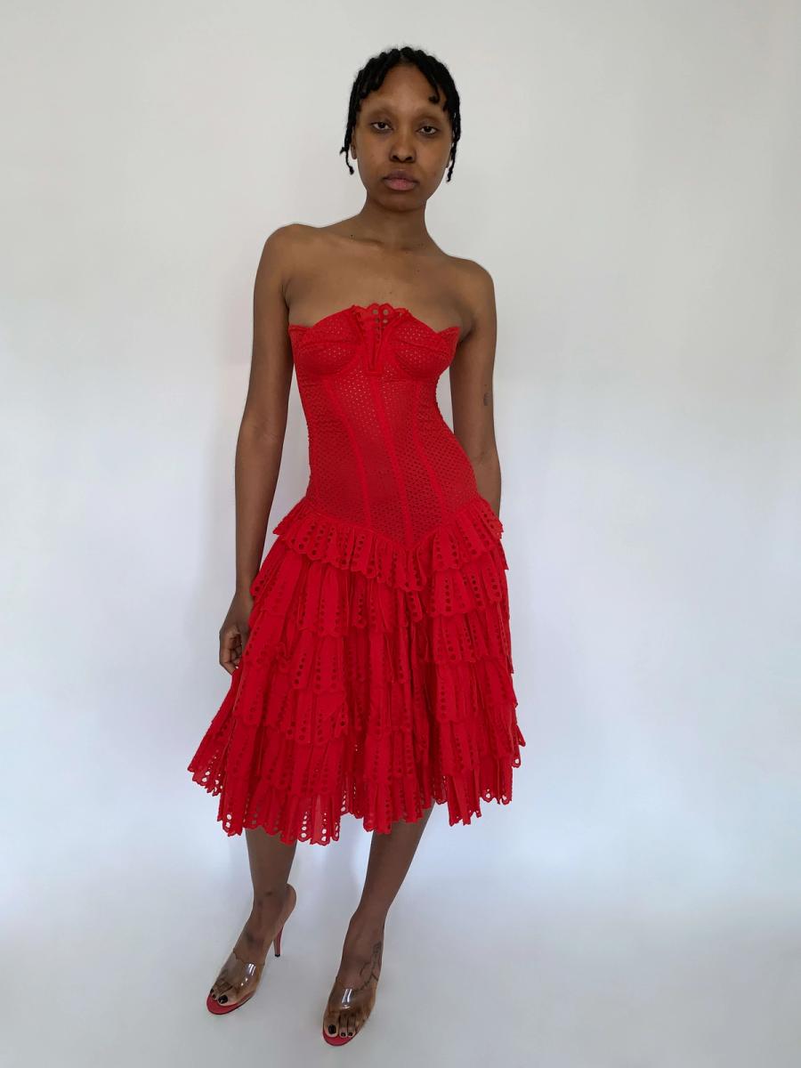 80s Chantal Thomass Red Eyelet Dress product image