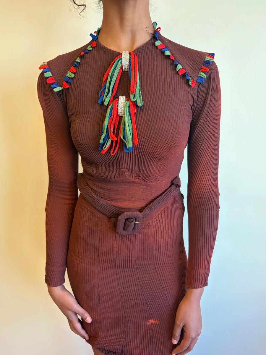 30s or 40s Rib Knit Rhinestone and Ribbon Dress product image