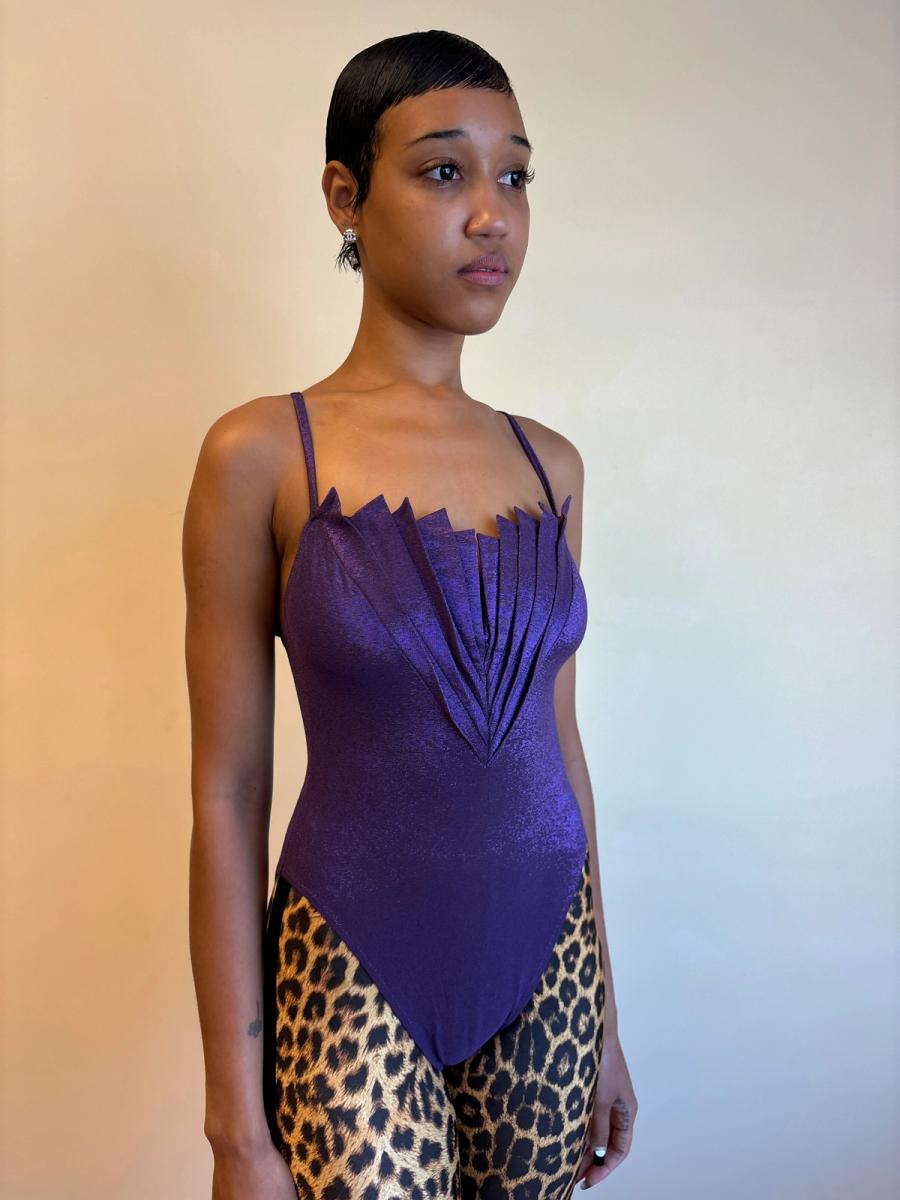 80s Nikos Apostolopoulos Purple Fan-pleated Bodysuit product image