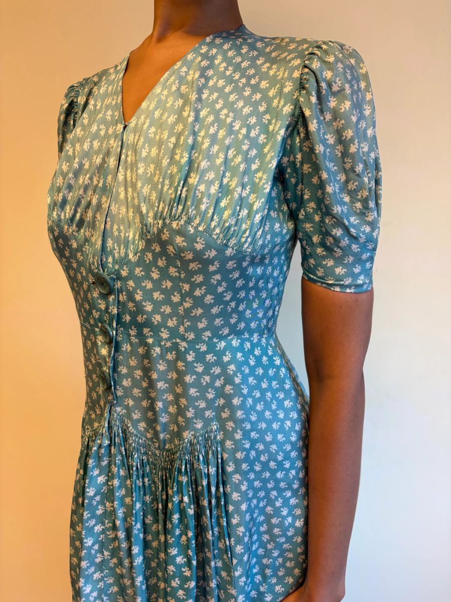 1940s Turquoise Floral Cold Rayon Dress product image