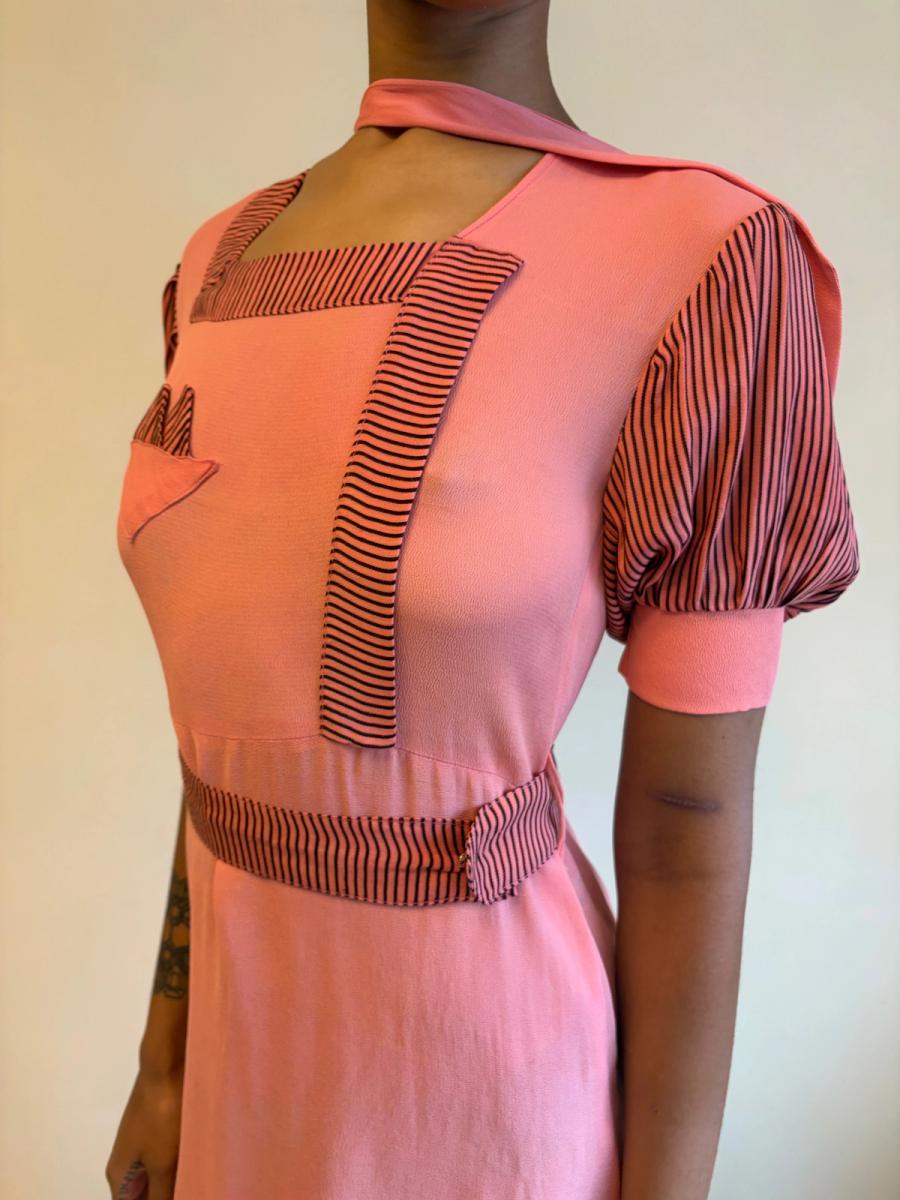1930s Salmon Pink Day Dress with Scarf Neckline  product image