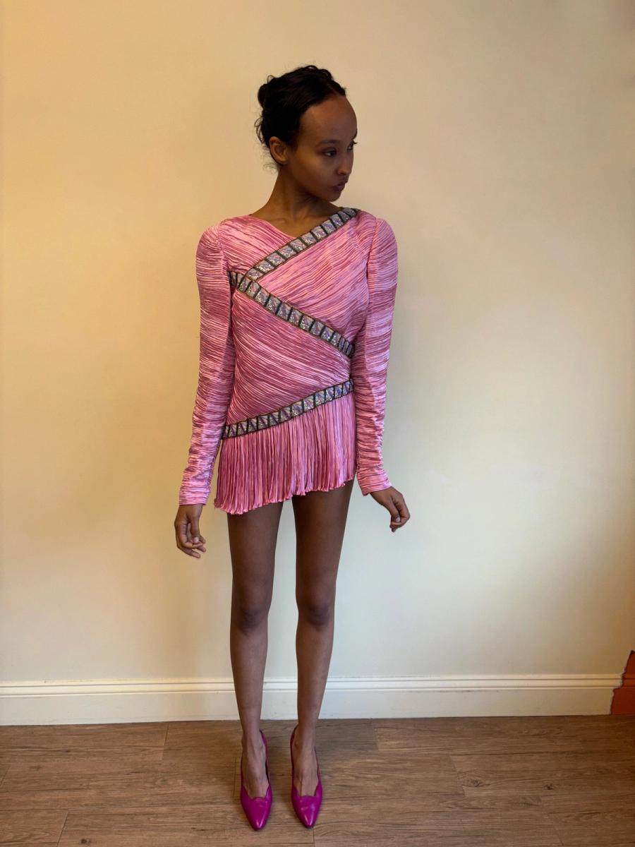 80s Mary McFadden Hot Pink Pleated Dress product image