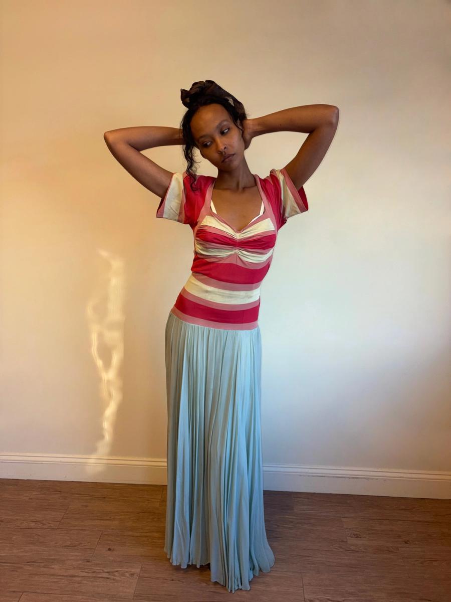 1940s Striped Knit Dress with Chiffon Skirt  product image