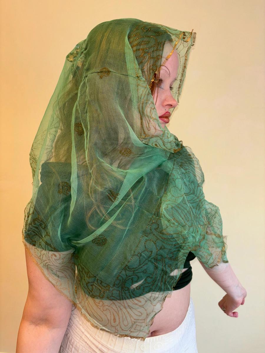 Vintage Indian Silk Scarf with Gold Block Print  product image