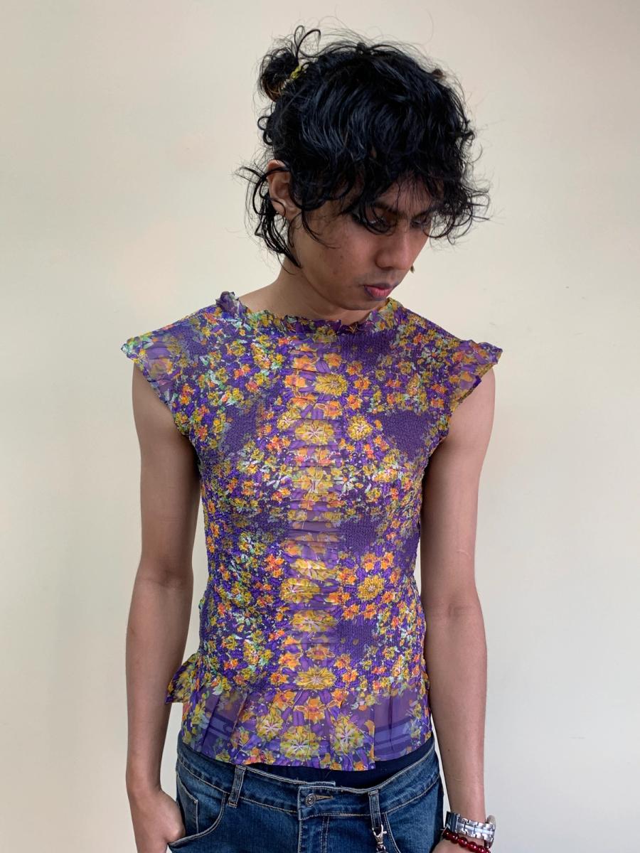 Yoshiki Hishinuma Purple Floral Pleated Top product image
