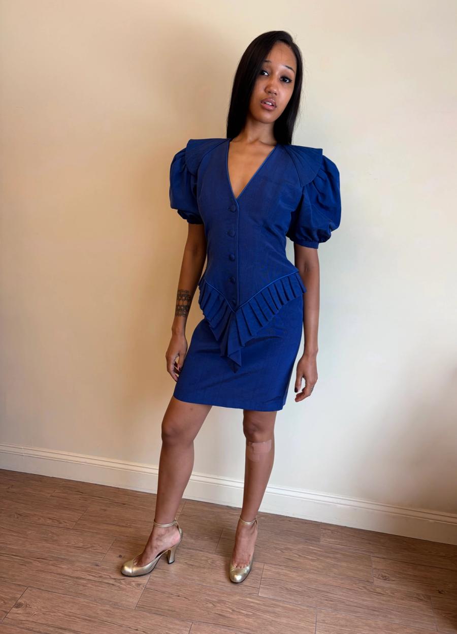 1980s Claude Petin Blue Moiré Dress product image