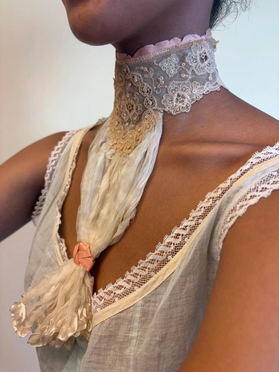 Antique Lace Collar With Beading and Silk Jabot  product image