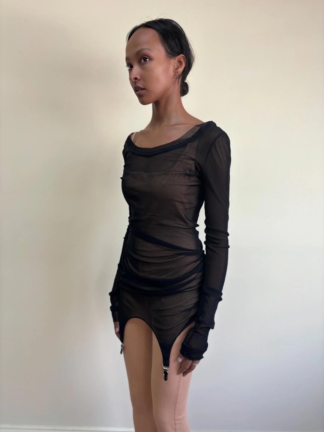 sheer garter dress 90s Jean Paul Gaultier Garter Dress Sheer Spots Sexy Club Kid Burlesque