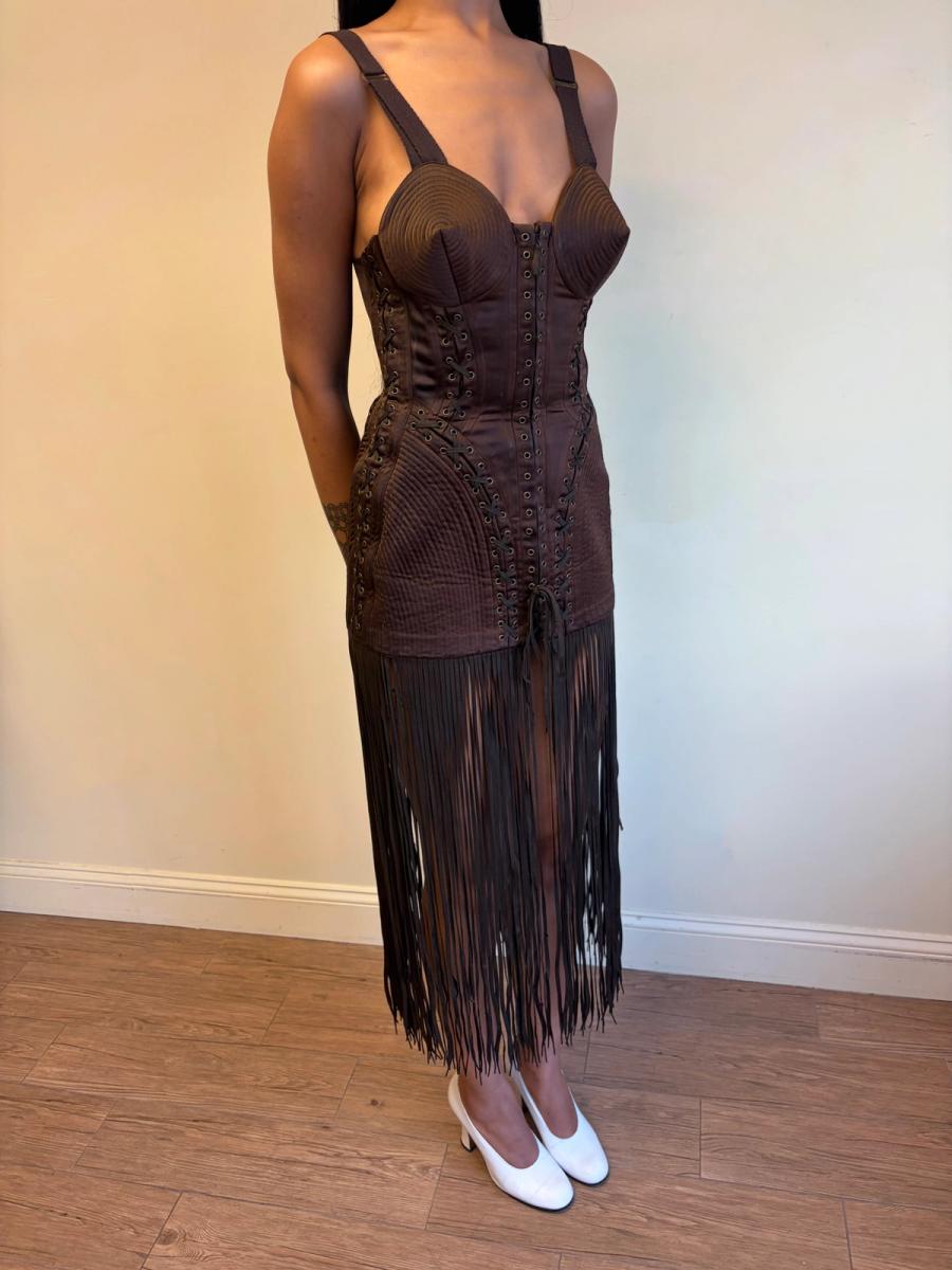 1990 Gaultier Satin Cone Bra Girdle Dres with Lacing Fringe Hem product image