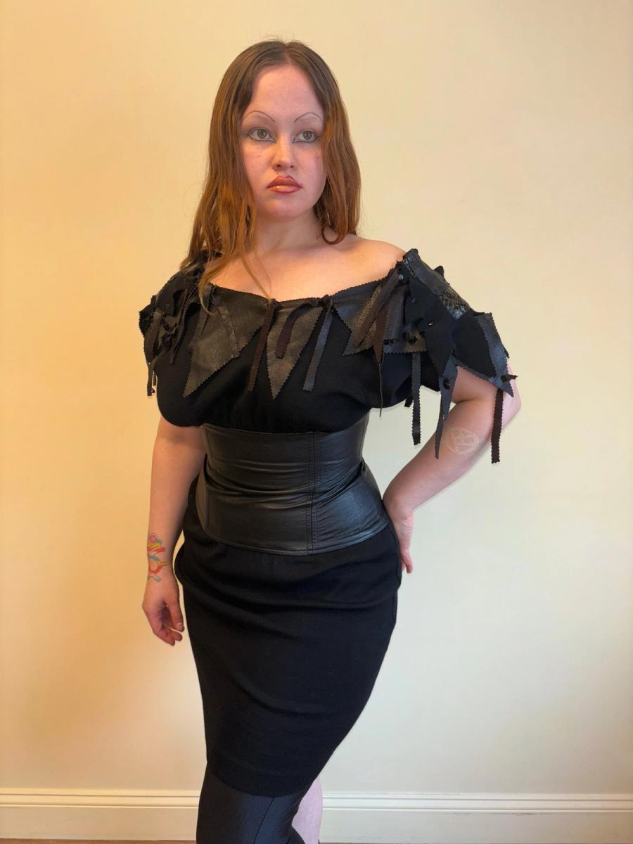 1980s Knit and Leather Shredded Dress product image