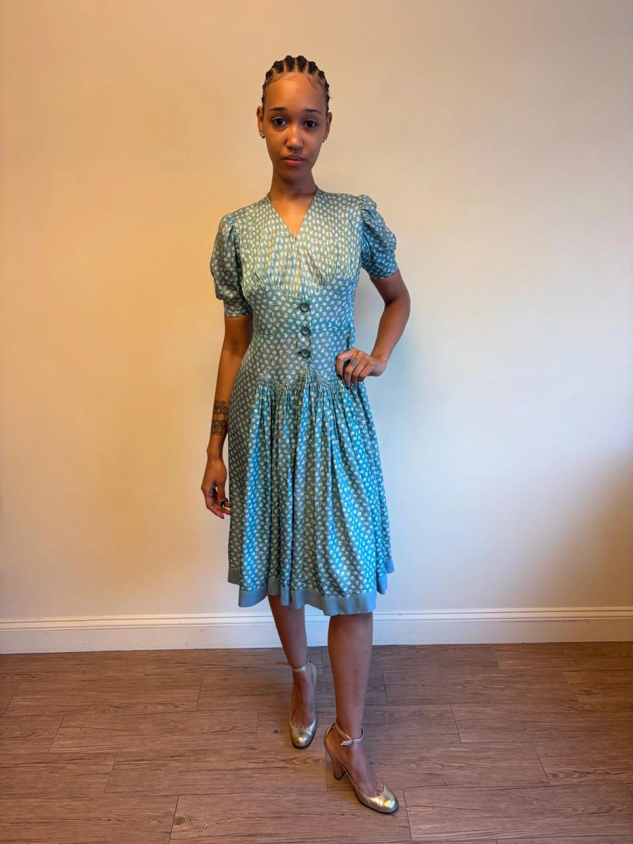 1940s Turquoise Floral Cold Rayon Dress product image