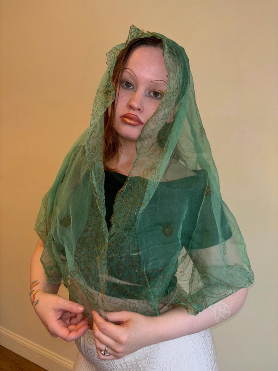 Vintage Indian Silk Scarf with Gold Block Print  product image