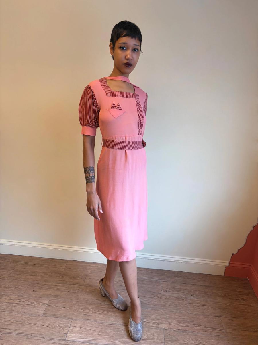 1930s Salmon Pink Day Dress with Scarf Neckline product image