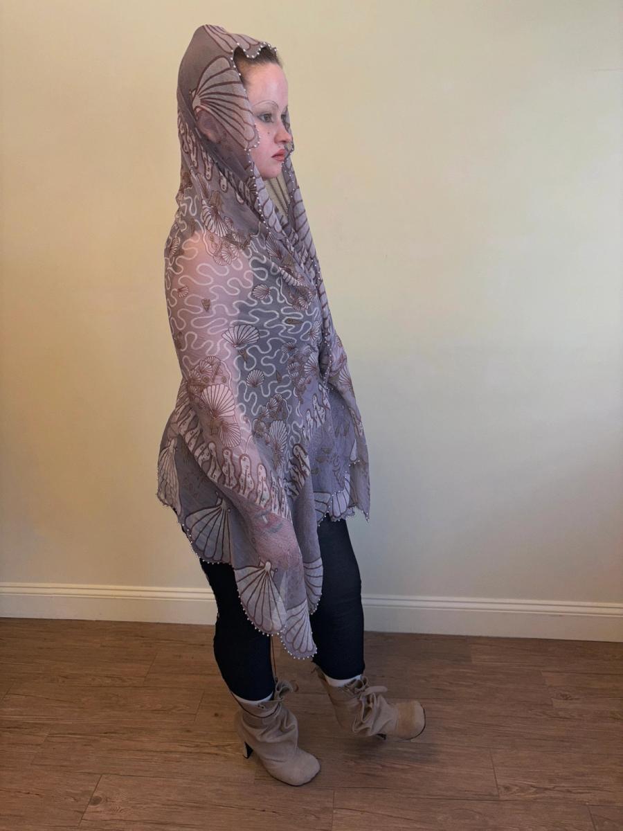 Zandra Rhodes Squiggle & Shell Printed Shawl with Pearl Beaded Edges product image