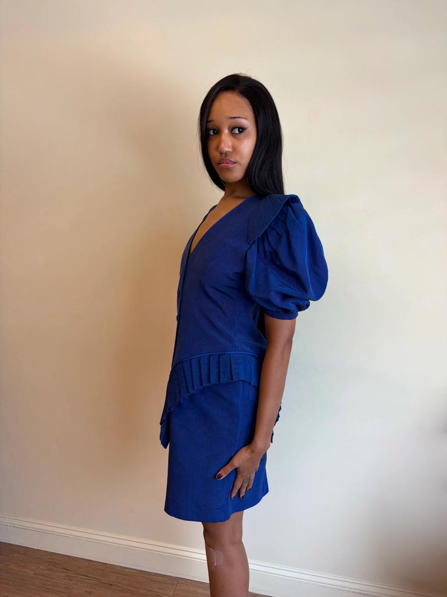 1980s Claude Petin Blue Moiré Dress product image